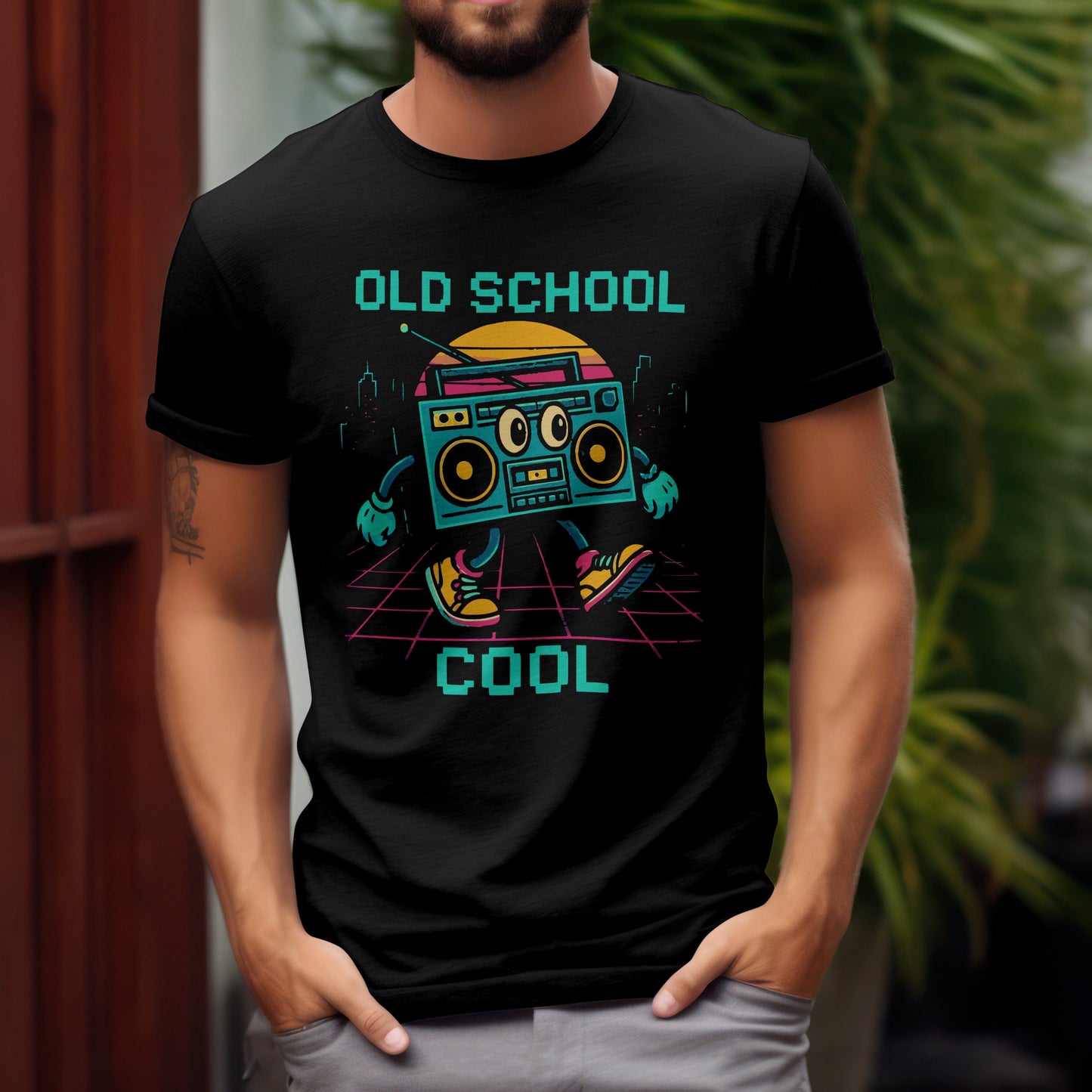 Old school cool t-shirt with retro boombox radio design