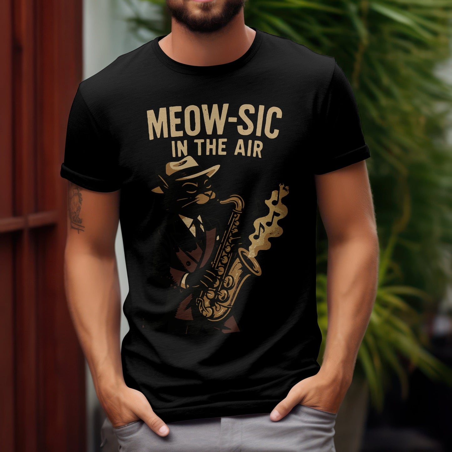 Meow-sic in the air t-shirt with cat jazz musician design