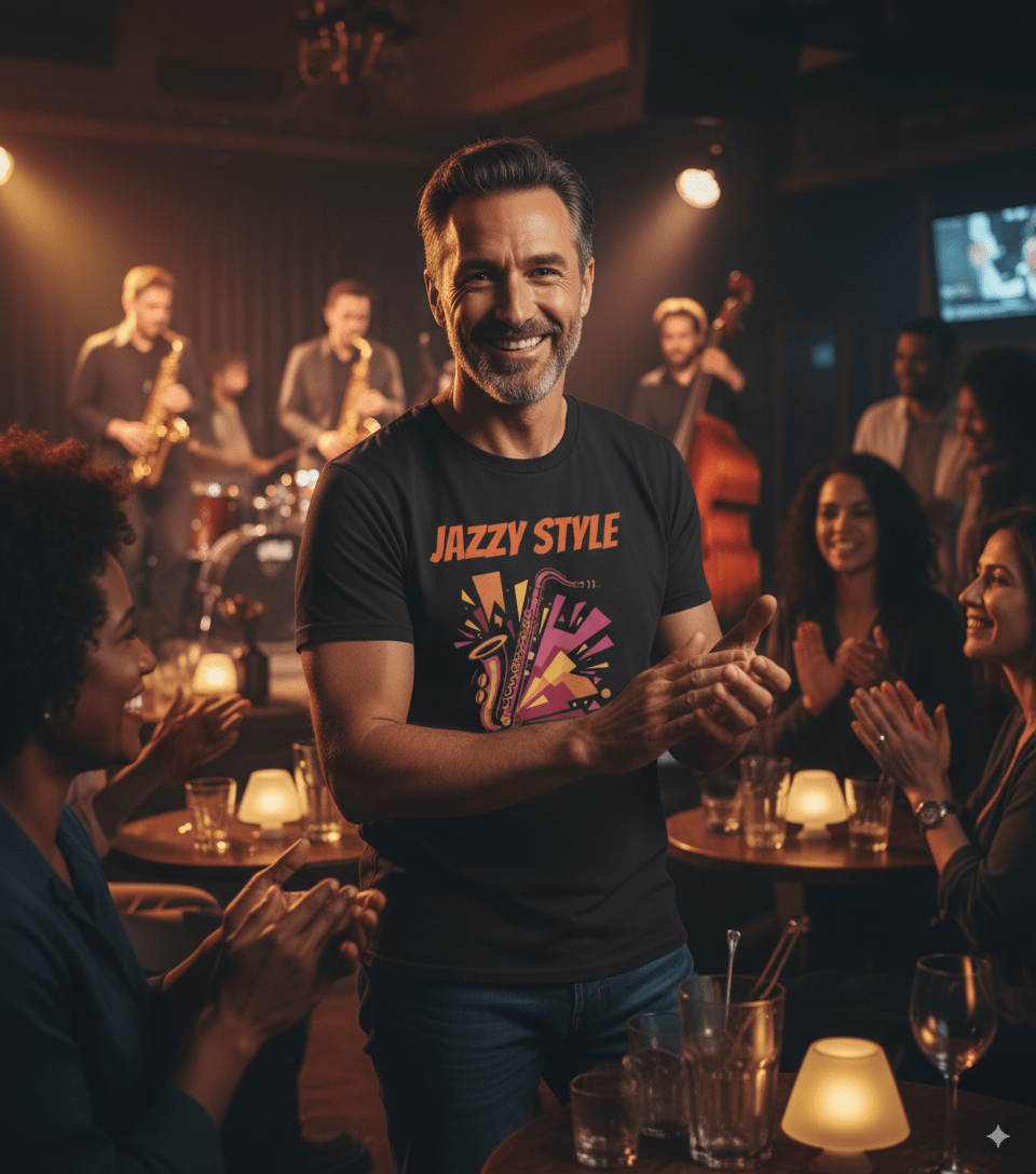 Jazzy style t-shirt with cool jazz saxophone design