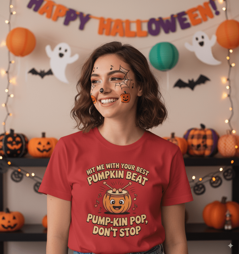 Funny pumpkin beat Halloween music t-shirt with orange pumpkin and musical notes design