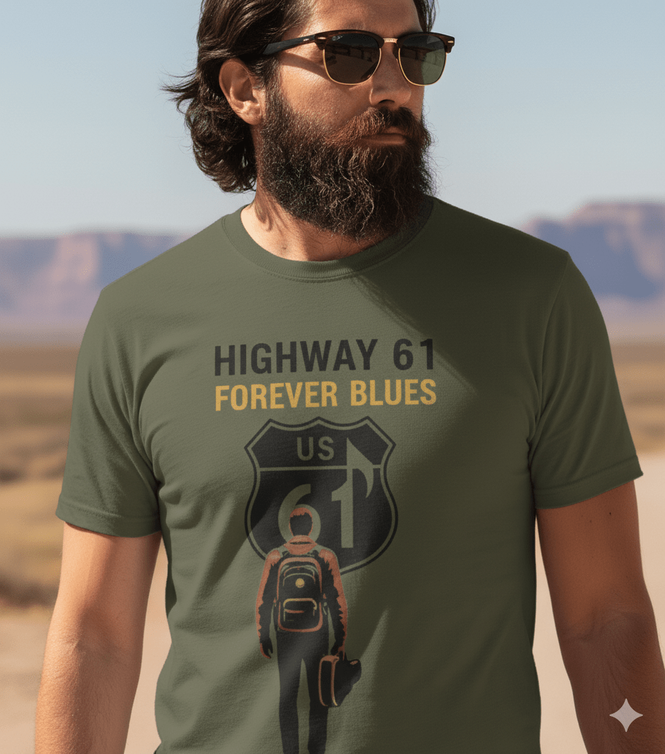 Highway 61 Forever Blues vintage t-shirt with blues highway road trip design