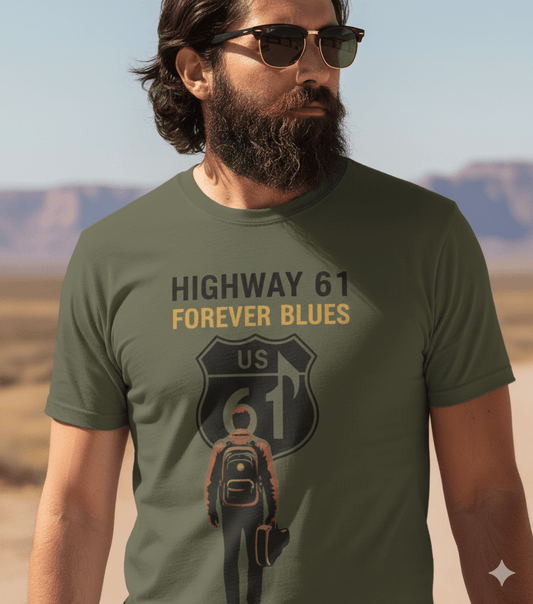 Highway 61 Forever Blues vintage t-shirt with blues highway road trip design