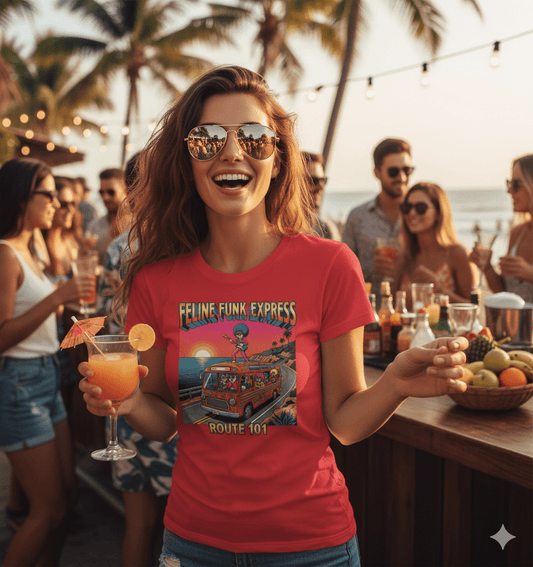 Feline Funk Express softstyle t-shirt with retro cat band and summer festival design