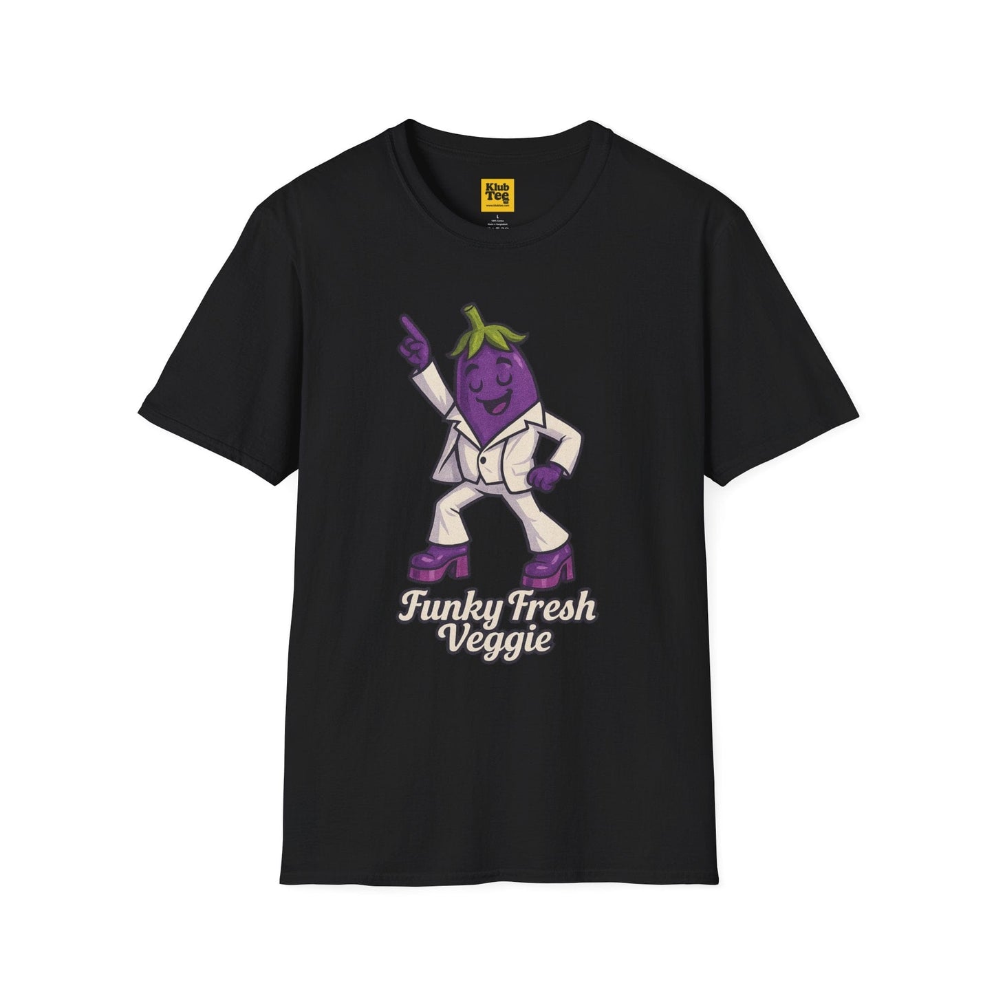 Black t-shirt with a cartoon eggplant character and text on a white background