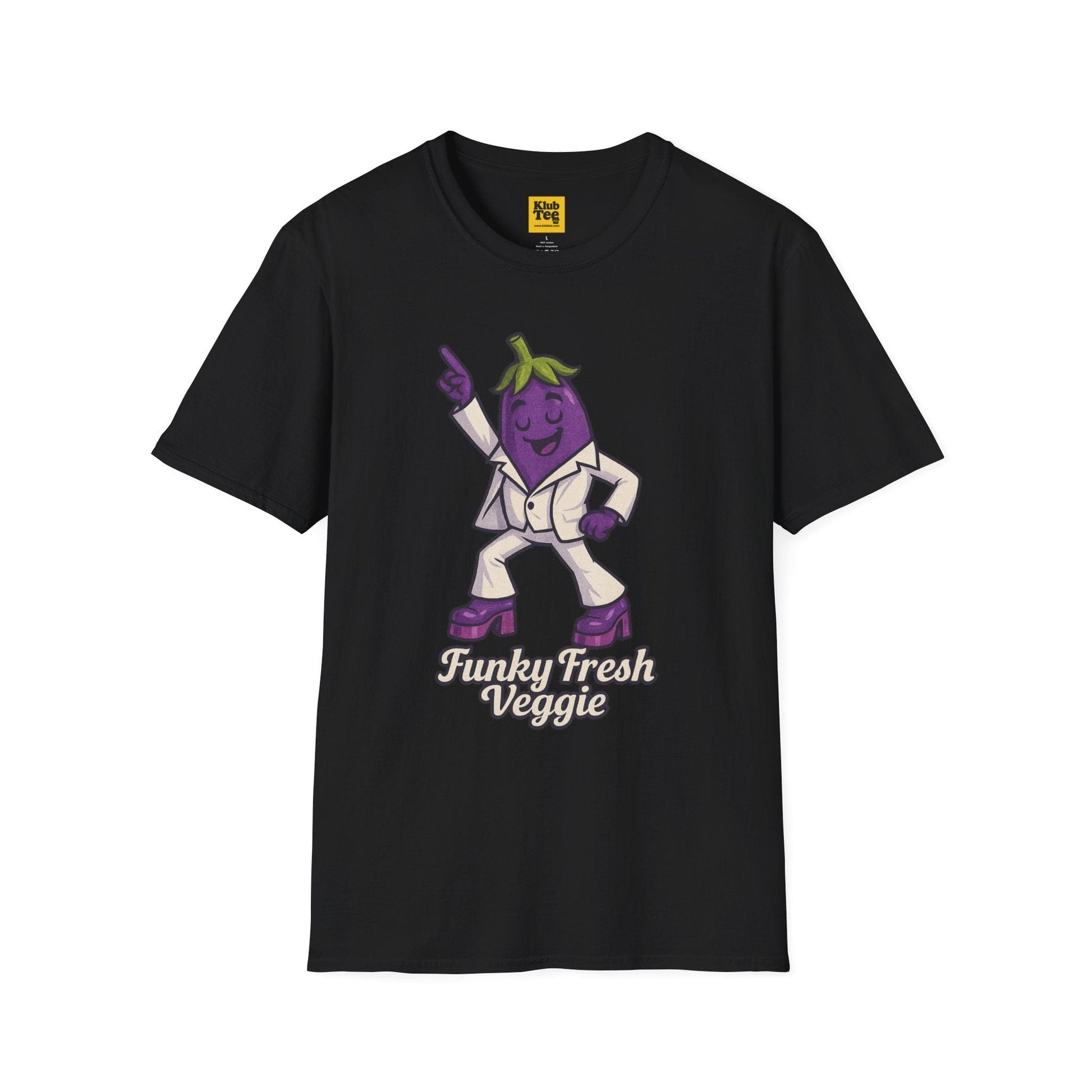 Black t-shirt with a cartoon eggplant character and text on a white background