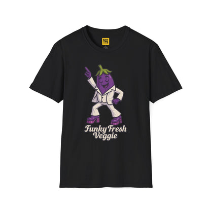 Black t-shirt with a cartoon eggplant character and text on a white background