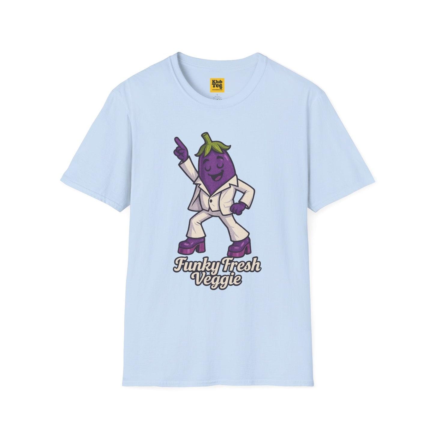 Light blue t-shirt with a cartoon eggplant character and 'Funky fresh Veggie' text on a white background