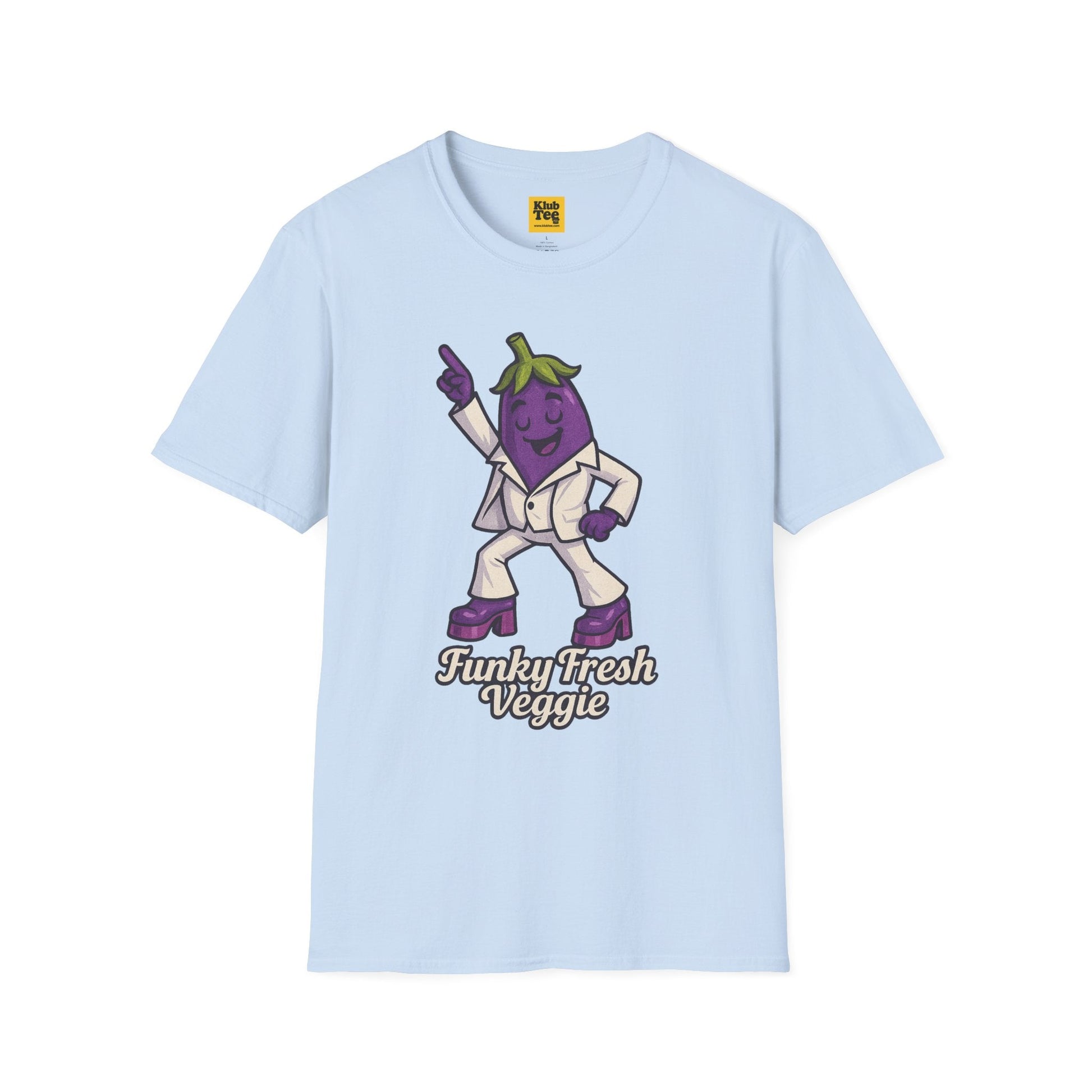 Light blue t-shirt with a cartoon eggplant character and 'Funky fresh Veggie' text on a white background