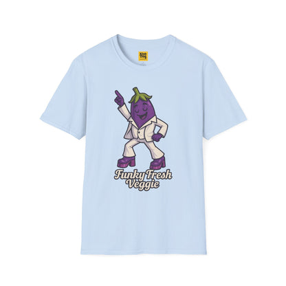 Light blue t-shirt with a cartoon eggplant character and 'Funky fresh Veggie' text on a white background