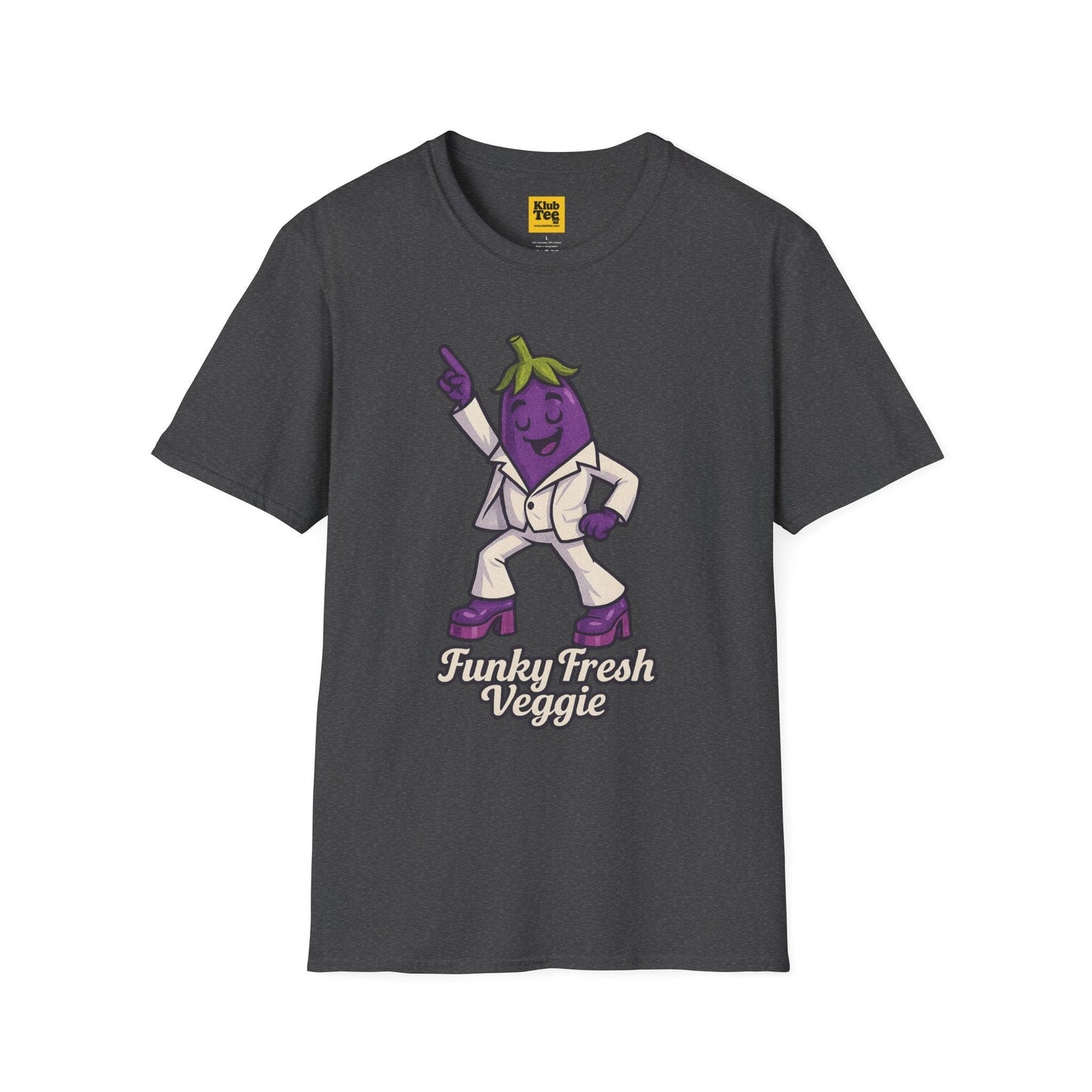 Dark Gray t-shirt with an eggplant character and 'Funky Fresh Veggie' text on a white background
