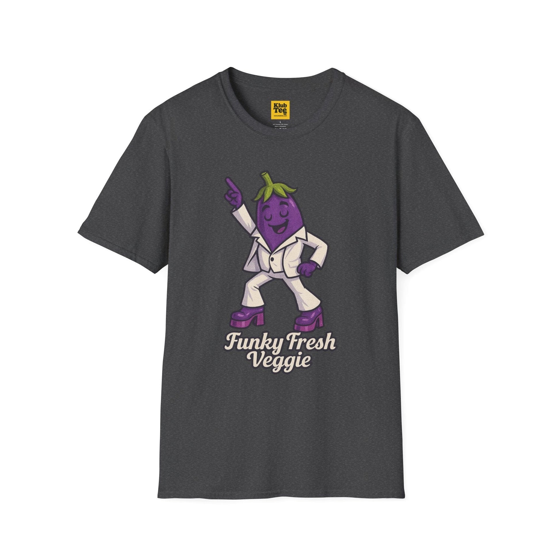 Dark Gray t-shirt with an eggplant character and 'Funky Fresh Veggie' text on a white background