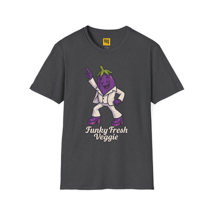 Dark Gray t-shirt with an eggplant character and 'Funky Fresh Veggie' text on a white background