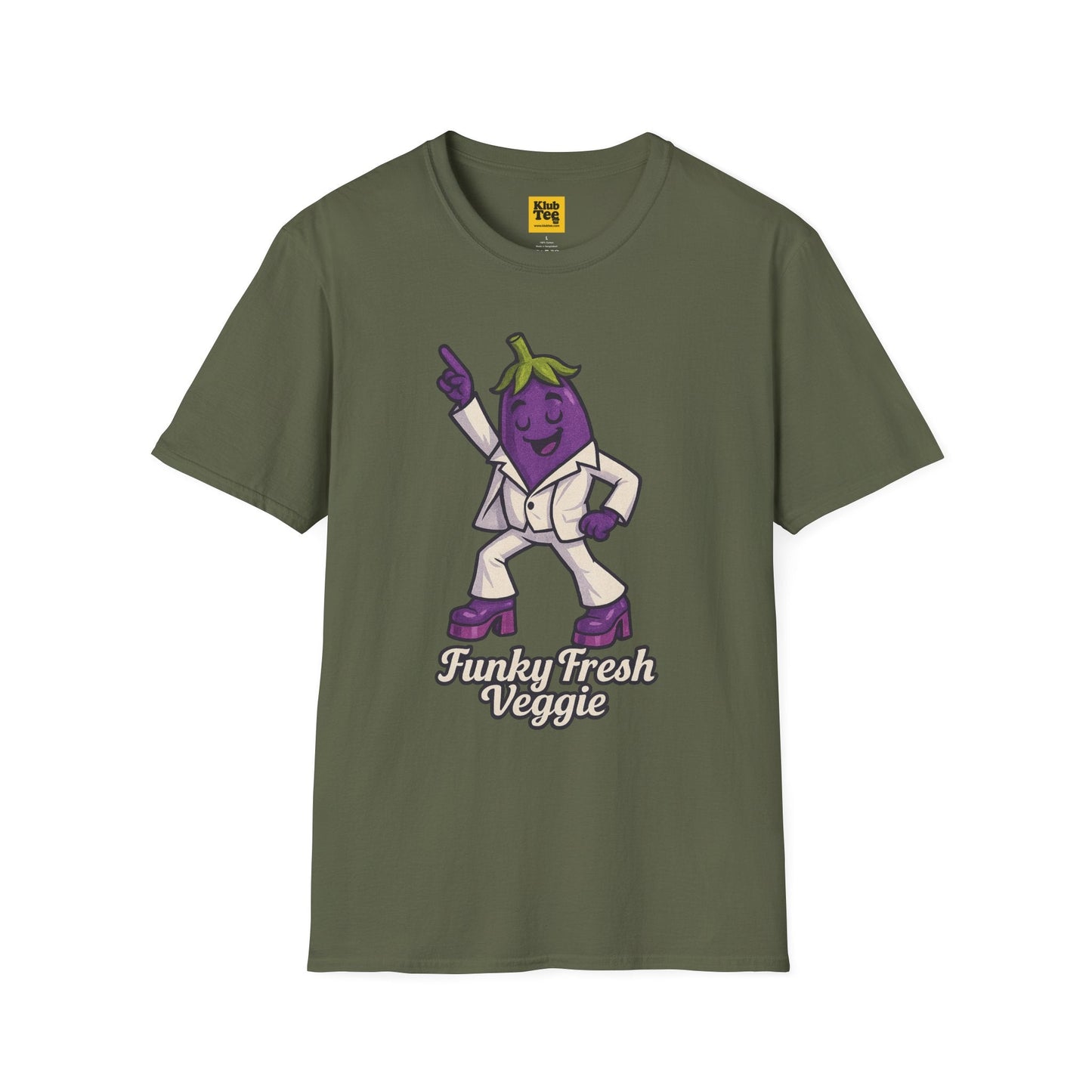 Green t-shirt with cartoon eggplant character and 'Funky Fresh Veggie' text on a white background