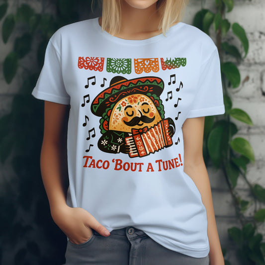 Taco bout a tune t-shirt with food pun music design