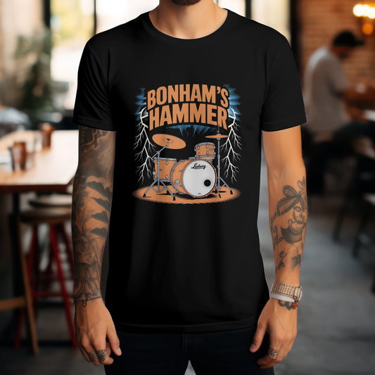 Bonham's hammer t-shirt featuring Led Zeppelin drummer tribute design for rock fans