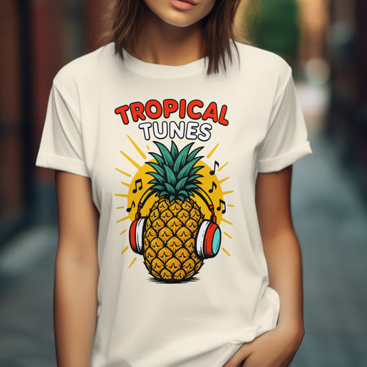 Tropical tunes t-shirt with island music palm tree design