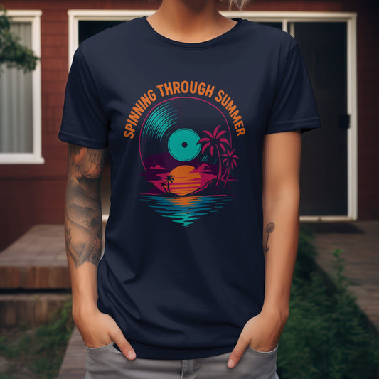 Spinning through summer t-shirt with vinyl tropical design