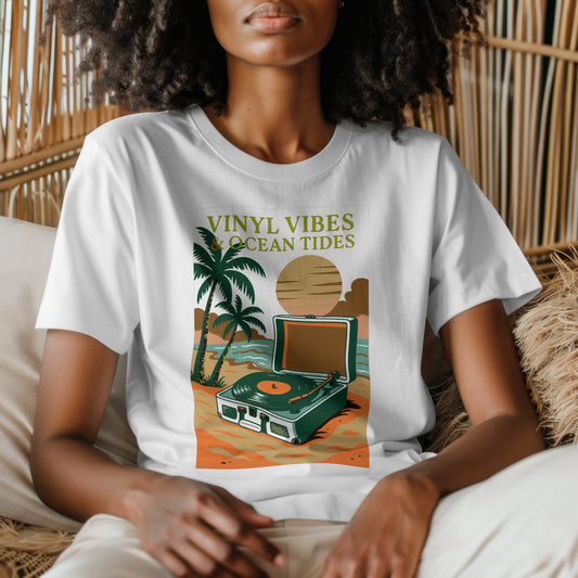 Vinyl vibes t-shirt with ocean tides record design