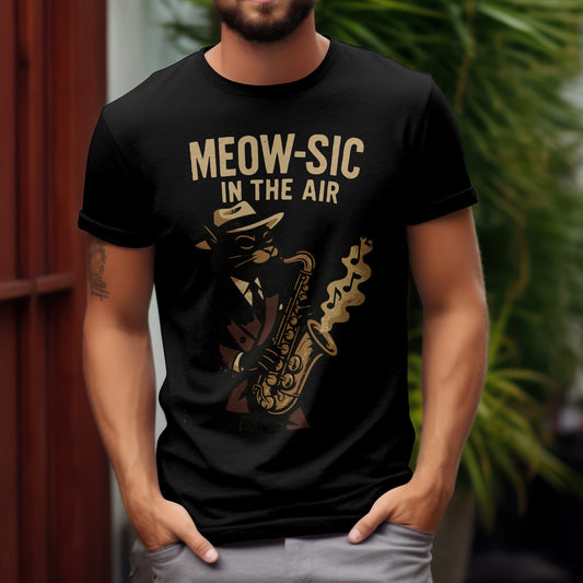 Meow-sic in the air t-shirt with cat jazz musician design