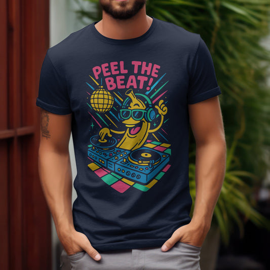 DJ banana peel the beat t-shirt with retro fruit DJ design