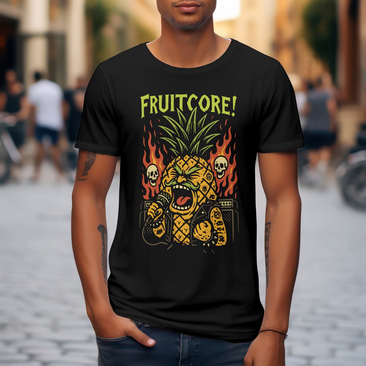 Fruitcore pineapple t-shirt with edgy fruit rock design