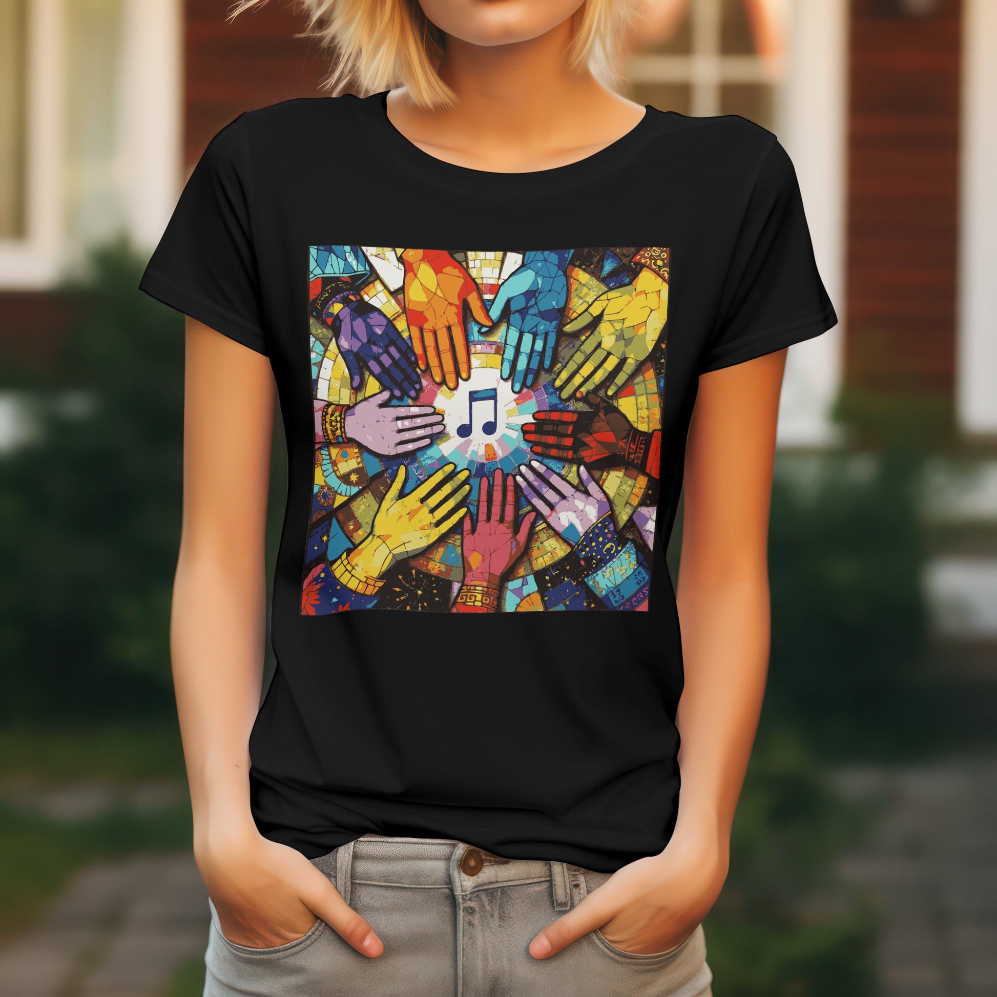 Colourful hands music t-shirt with unity diversity design