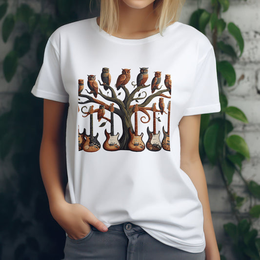 Whimsical guitar tree t-shirt combining nature with music design
