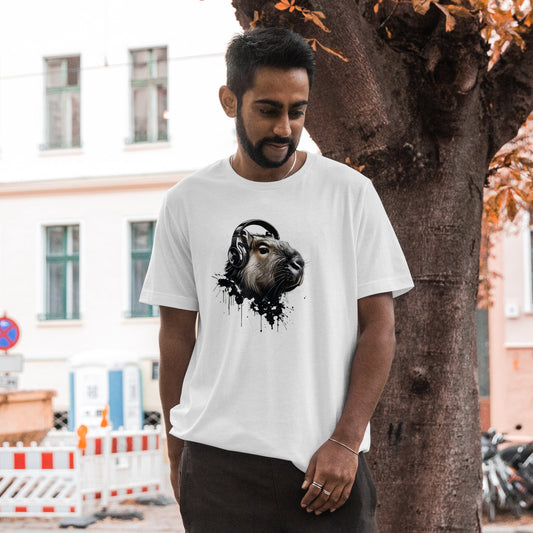 Capybara music t-shirt featuring animal musician with headphones design