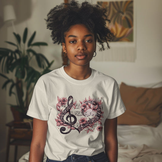 Floral music note t-shirt with single note flower design