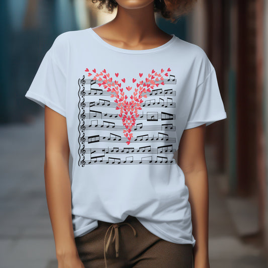 Love music t-shirt featuring heart-shaped musical notes design