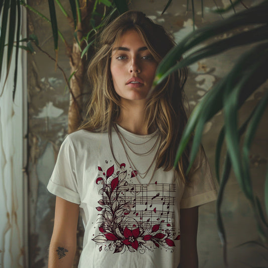 Floral music notes t-shirt with garden melody botanical design