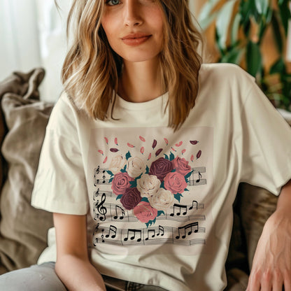Floral music notes t-shirt with botanical sound garden design