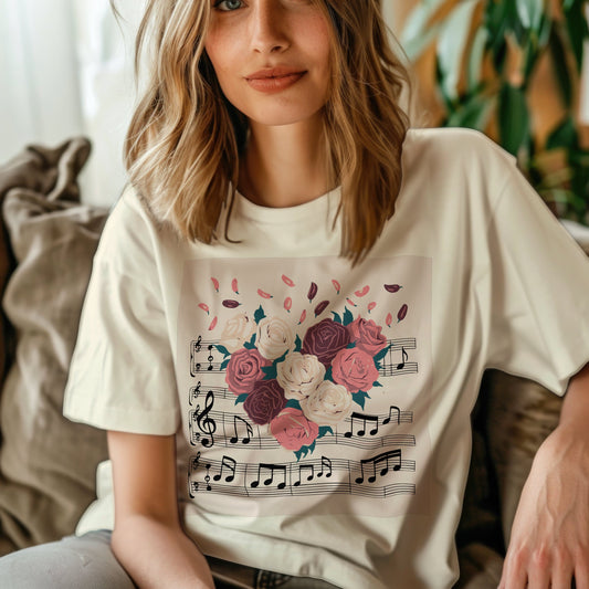 Floral music notes t-shirt with botanical sound garden design