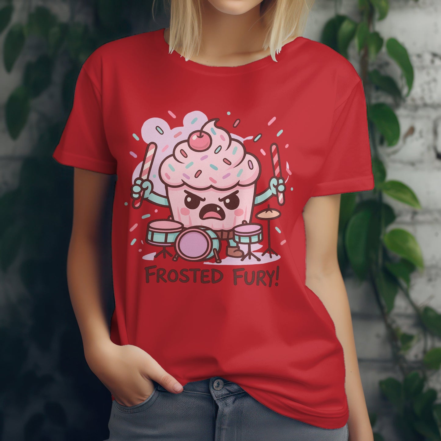 Frosted fury cupcake drummer t-shirt with food percussion design
