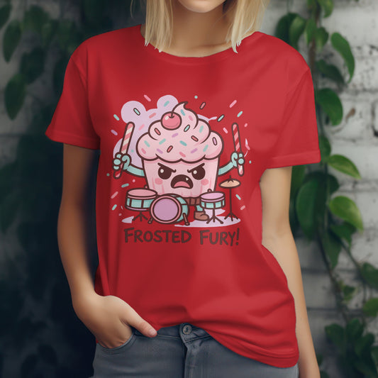 Frosted fury cupcake drummer t-shirt with food percussion design