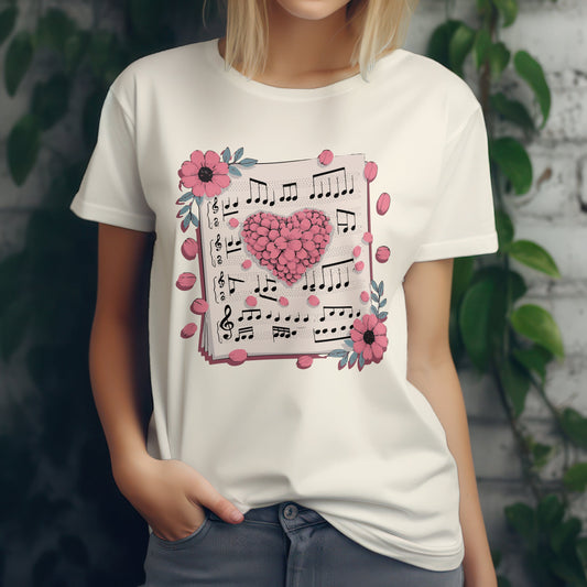 Romantic music notes t-shirt with love song heart design