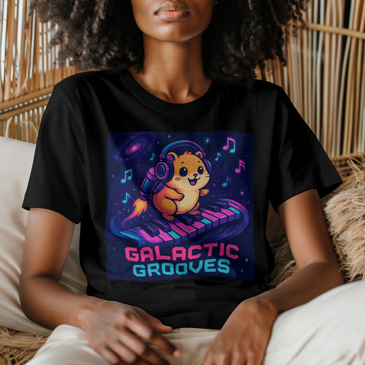 Galactic grooves t-shirt with space music cosmic design