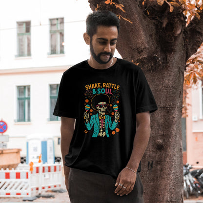 Shake rattle and soul t-shirt with skeleton rock music design