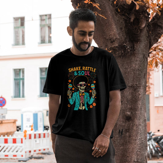 Shake rattle and soul t-shirt with skeleton rock music design