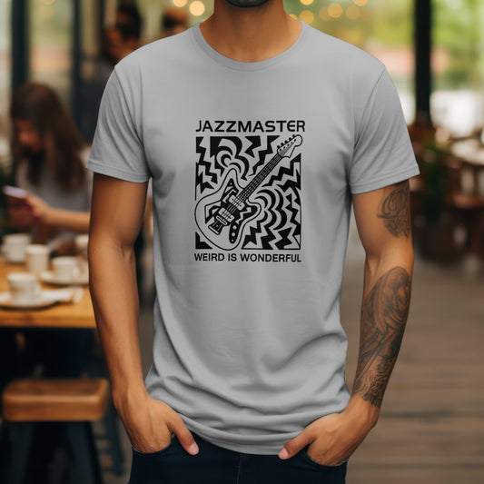 Jazzmaster weird is wonderful t-shirt featuring Fender offset guitar design