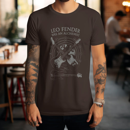 Leo Fender alchemist t-shirt honouring guitar legend innovator design