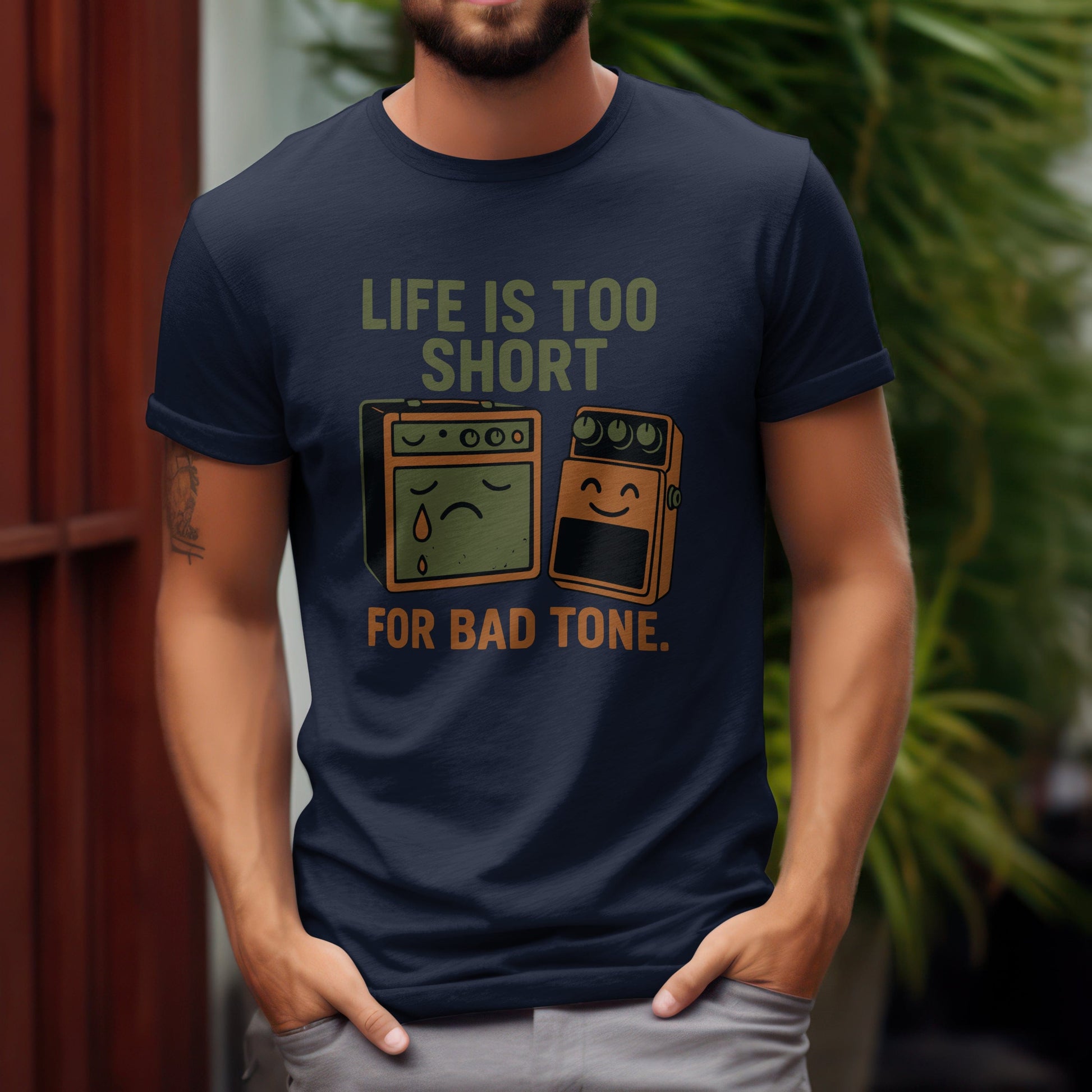 Life too short for bad tone t-shirt with guitar humour philosophy design