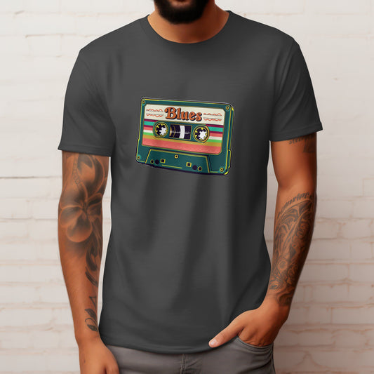 Vintage blues cassette t-shirt with retro music tape design