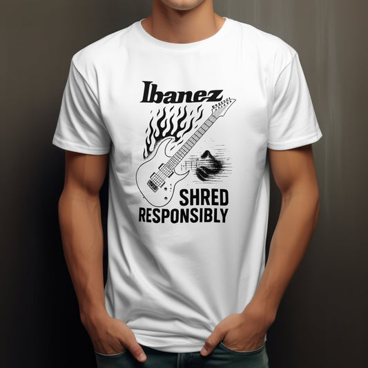 Ibanez shred responsibly t-shirt with metal guitar brand humour design