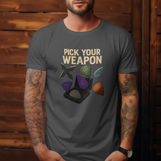 Pick your weapon t-shirt featuring guitar pick selection design