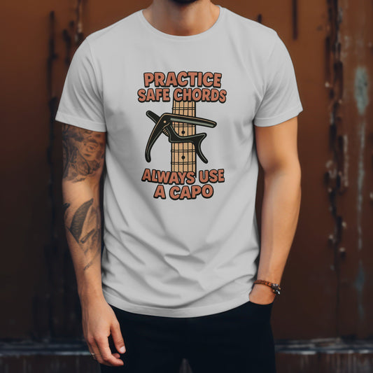 Practice safe chords t-shirt with guitar humour music pun design