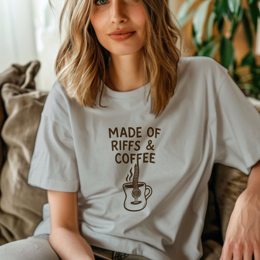 Made of riffs and coffee t-shirt celebrating musician lifestyle design