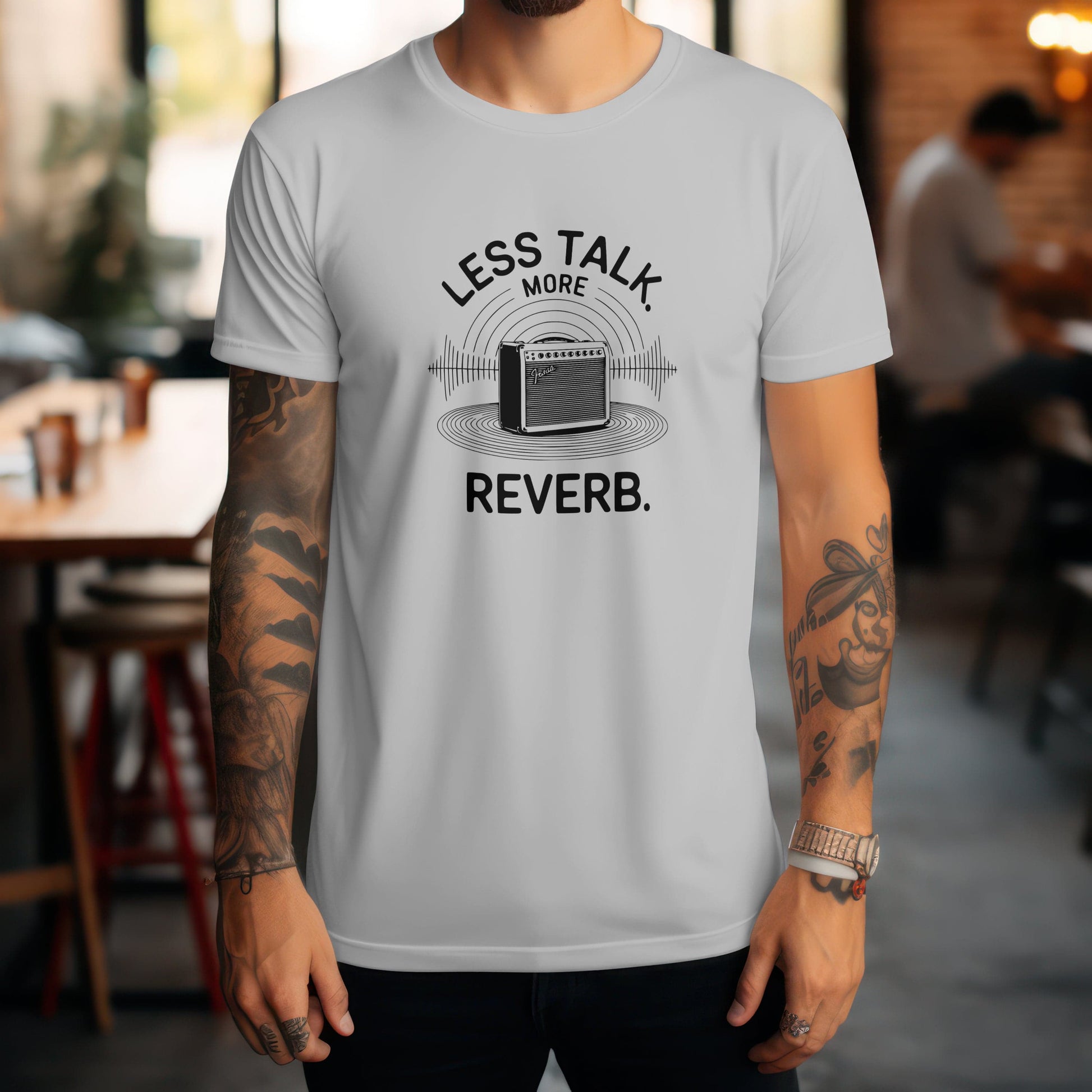 Less talk more reverb t-shirt with guitar effects music quote design