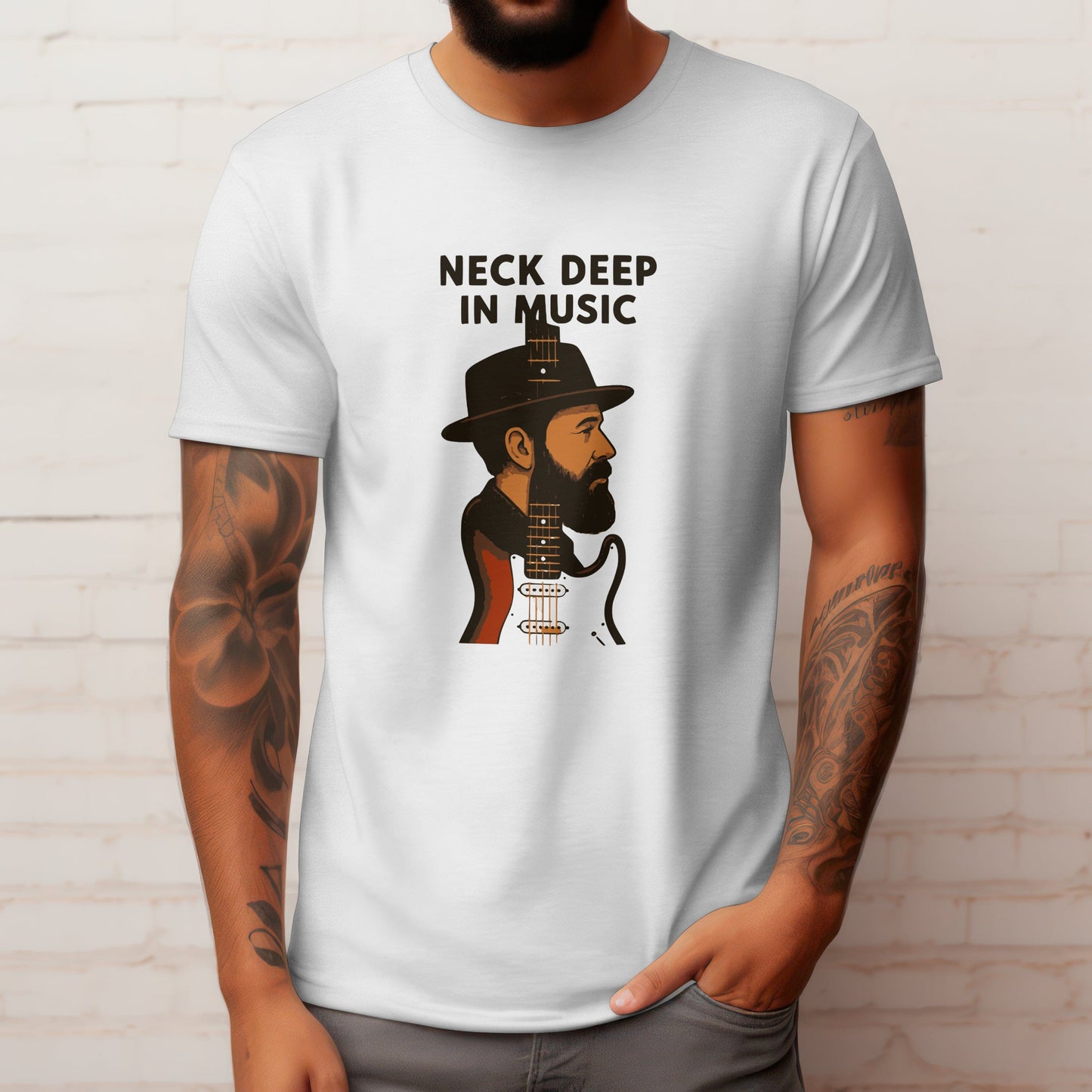 Neck deep in music t-shirt with guitar neck graphic design