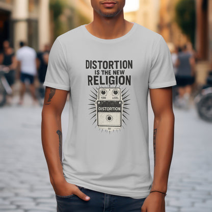 Distortion is the new religion t-shirt with electric guitar effects design